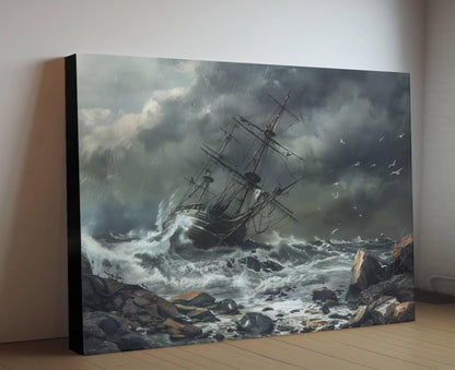 Shipwreck on Rocks Canvas, Storm Disaster Print, Pirate Vessel Crash Wall Decor, Dramatic Grey Seascape Painting, Maritime Tragedy
