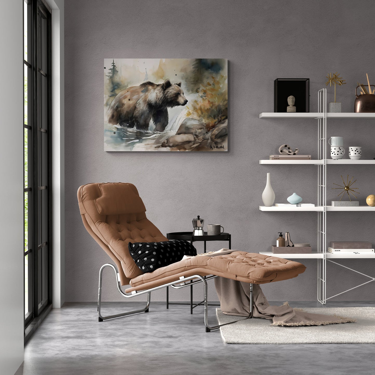 Grizzly Bear by Waterfall | Brown Bear Watercolor Forest Series | Canvas Print | Wildlife Art | Cabin Art | Archer Kincaid