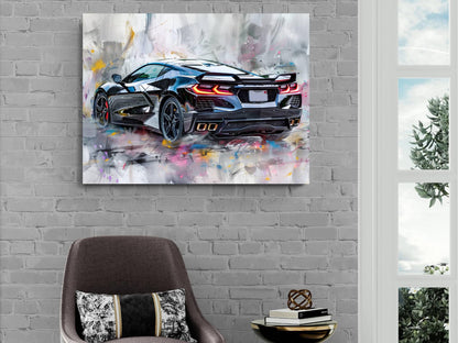 2025 C8 Corvette Canvas Wall Art Rear View | Black Chevrolet Sports Car Print | Modern Auto Poster | Car Lover Gift | C8 Vette Decor