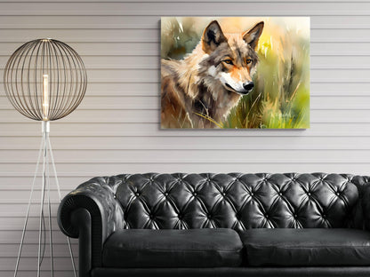 a large painting of a wolf in a grassy field hanging on a wall above a black leather couch.