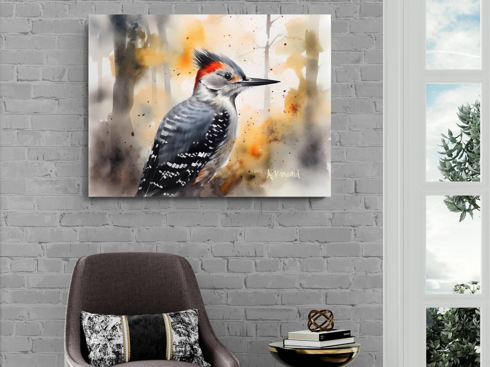 a painting of a woodpecker on a brick wall, with a cozy seating area and a window in the background.