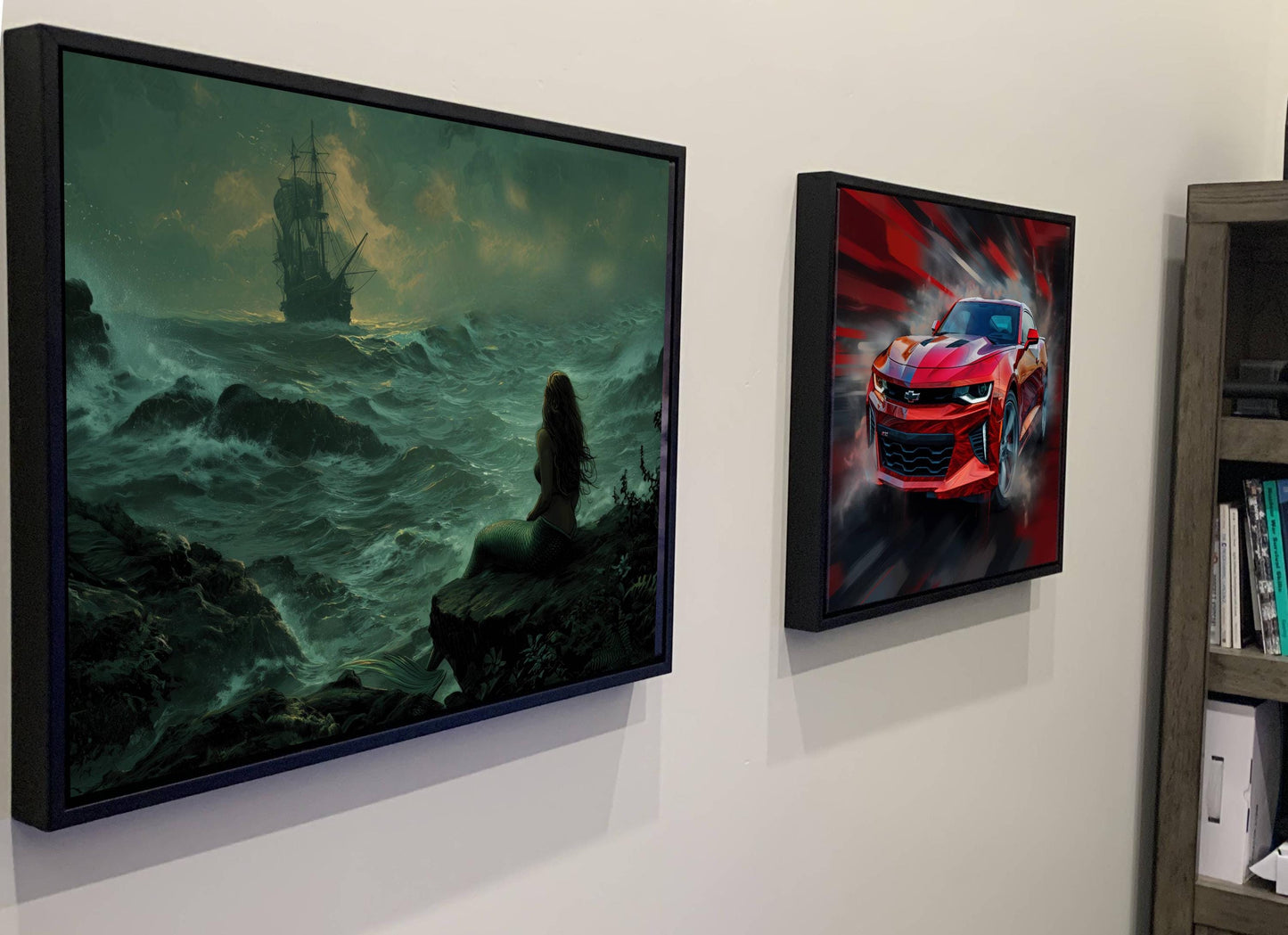 Mermaid Watching Pirate Ship Canvas, Stormy Ocean Print, Fantasy Nautical Wall Decor, Teal Seascape Painting, Maritime Artwork