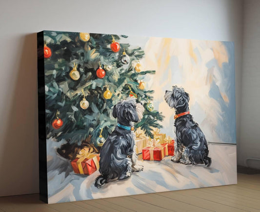 Christmas Dogs Art Print | Schnauzer Holiday Wall Decor | Puppies Under Tree Ornaments | Xmas Pets Gift Painting | Festive Animal Scene