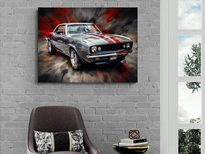 1967 Chevrolet Camaro Silver and Red Canvas Print | Vintage Auto Wall Art Decor | Retro Muscle Car | Car Lovers Poster Gift