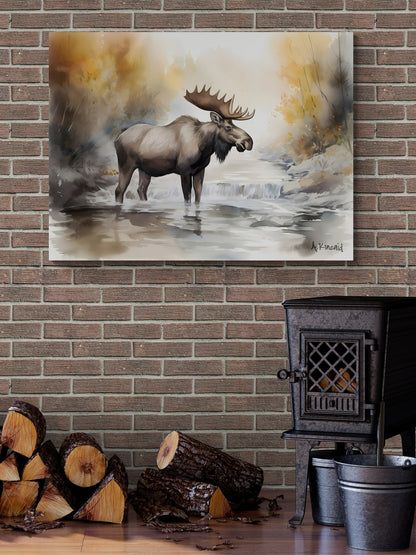 Moose in River #3 | Canvas Print | Wildlife Art | Cabin Art | Forest Art | Archer Kincaid