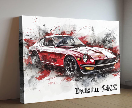 1973 Datsun 240Z Red Canvas Print | Vintage Auto Wall Art Decor | Retro Sports Car | Car Lovers Poster Gift