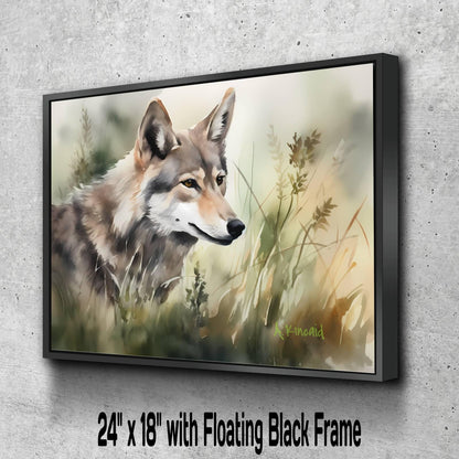 A painting of a wolf in a grassy field, with a floating black frame.