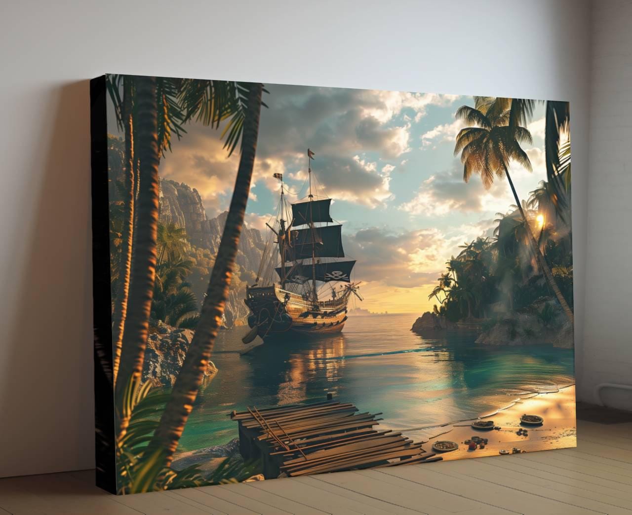 Pirate Hidden Cove Canvas, Tropical Island Hideout Print, Sunset Palm Beach Wall Decor, Secret Harbor Paradise Painting
