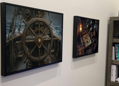 Pirate Ship Wheel Canvas, Helm Steering Print, Nautical Maritime Wall Decor, Weathered Wooden Deck Painting, Captain's Command