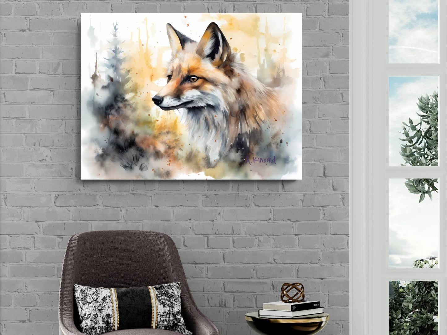 a painting of a fox on a wall, with a brick wall and a window in the background.