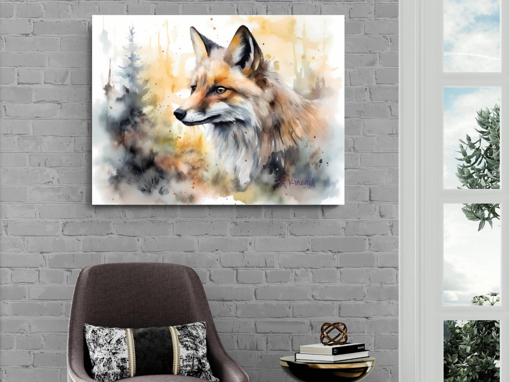a painting of a fox on a wall, with a brick wall and a window in the background.