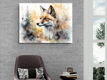 a painting of a fox on a wall, with a brick wall and a window in the background.