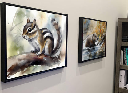 two framed paintings of animals, one of a squirrel and the other of a beaver, hanging on a wall.