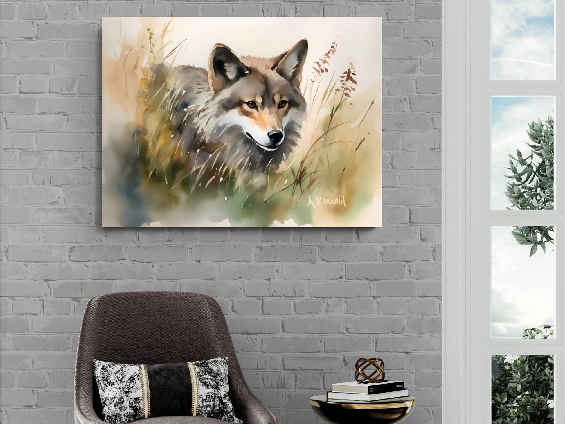 a painting of a wolf in a grassy field, hanging on a brick wall above a brown armchair.