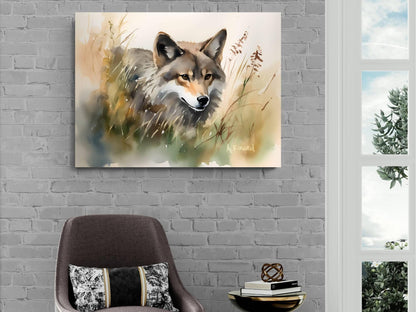 a painting of a wolf in a grassy field, hanging on a brick wall above a brown armchair.