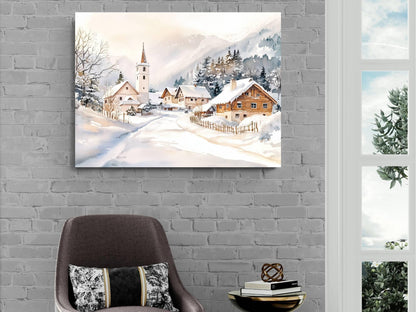 Alpine Winter Village Print | Snowy Mountain Church Wall Art |European Cottage Landscape | Christmas Watercolor Painting | Rustic Snow Scene