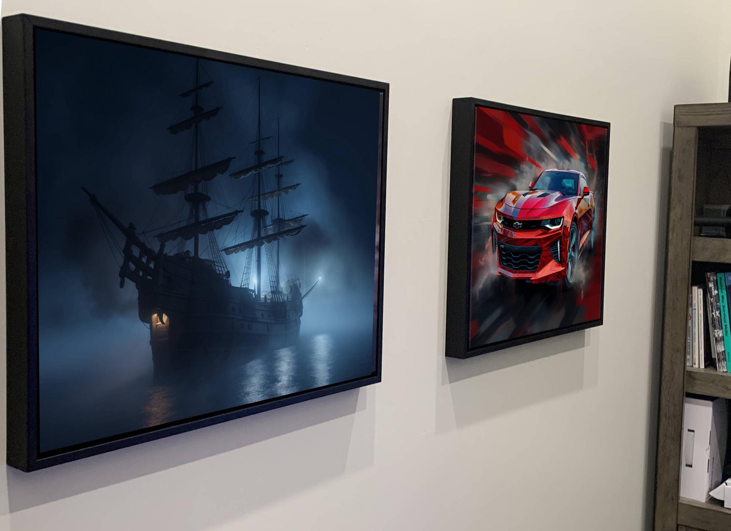 Pirate Ship in Fog Canvas Art, Blue Misty Nautical Print, Moody Maritime Wall Decor, Atmospheric Sailing Ship Painting