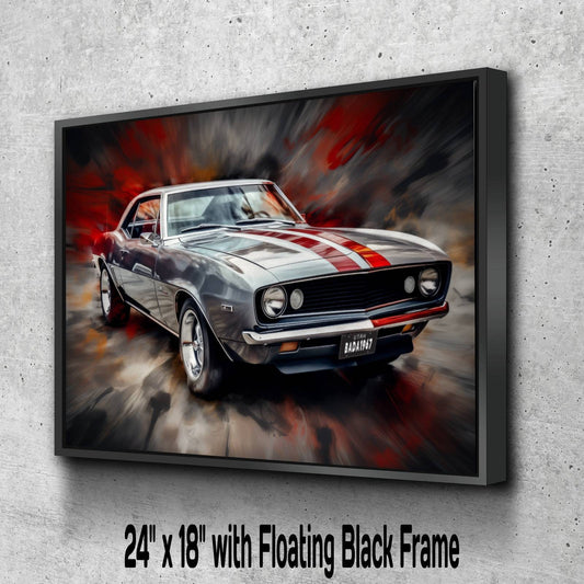 1967 Chevrolet Camaro Silver and Red Canvas Print | Vintage Auto Wall Art Decor | Retro Muscle Car | Car Lovers Poster Gift