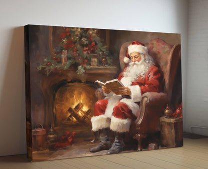 Santa Reading By The Fireplace Canvas Print - Cozy Christmas Scene Canvas Print, Santa Claus Relaxing, Holiday Decor, Festive Artwork