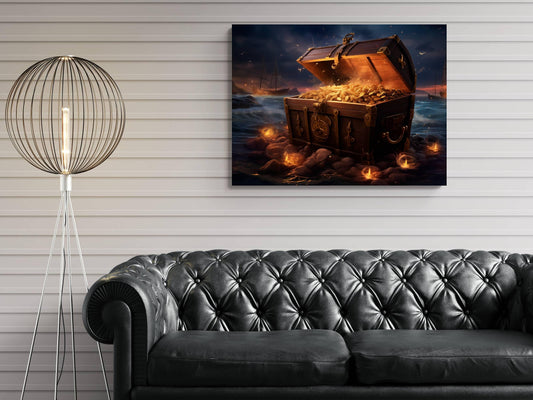 Pirate Treasure Chest Canvas Art, Gold Coins Beach Print, Nautical Adventure Wall Decor, Maritime Wealth Painting, Sunset Ocean Art