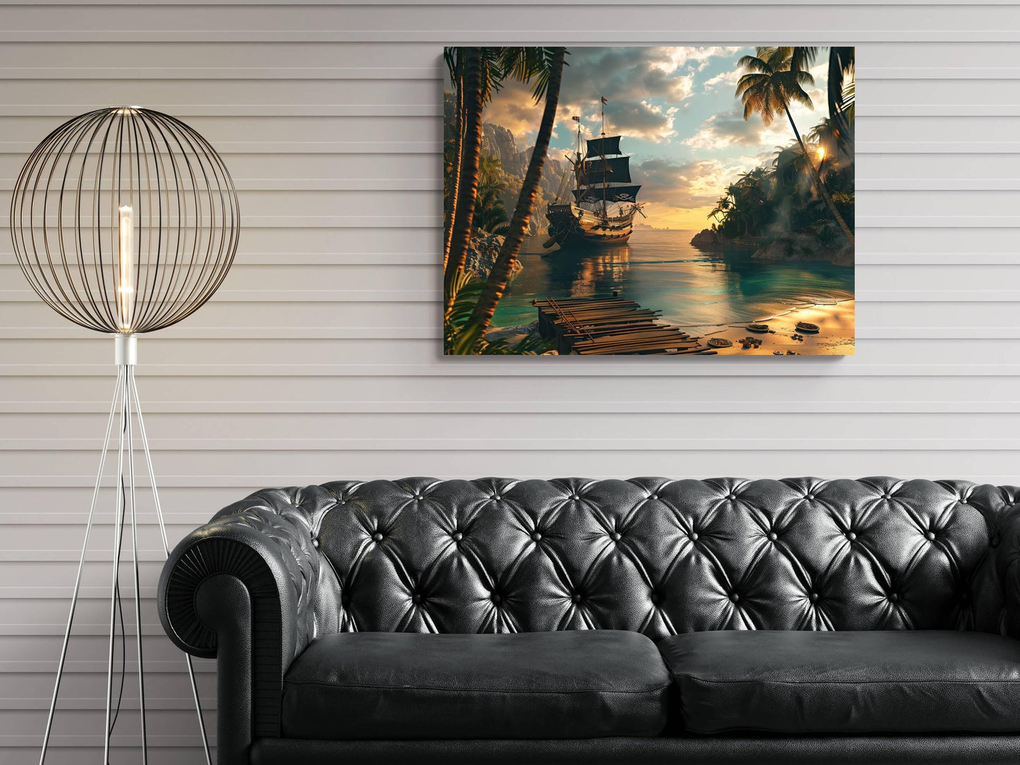 Pirate Hidden Cove Canvas, Tropical Island Hideout Print, Sunset Palm Beach Wall Decor, Secret Harbor Paradise Painting