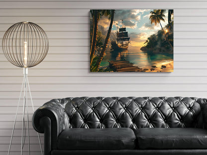Pirate Hidden Cove Canvas, Tropical Island Hideout Print, Sunset Palm Beach Wall Decor, Secret Harbor Paradise Painting