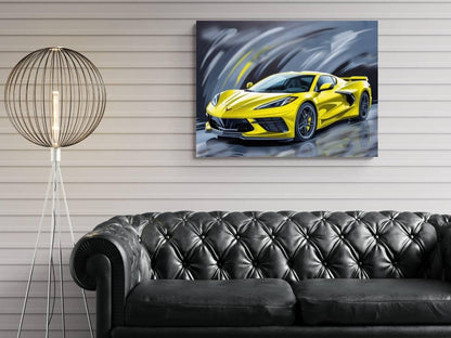 2024 C8 Corvette Yellow Canvas Wall Decor | Chevrolet Sports Car Print | Modern Auto Poster | Car Lover Gift | C8 Vette Car Gift for Man