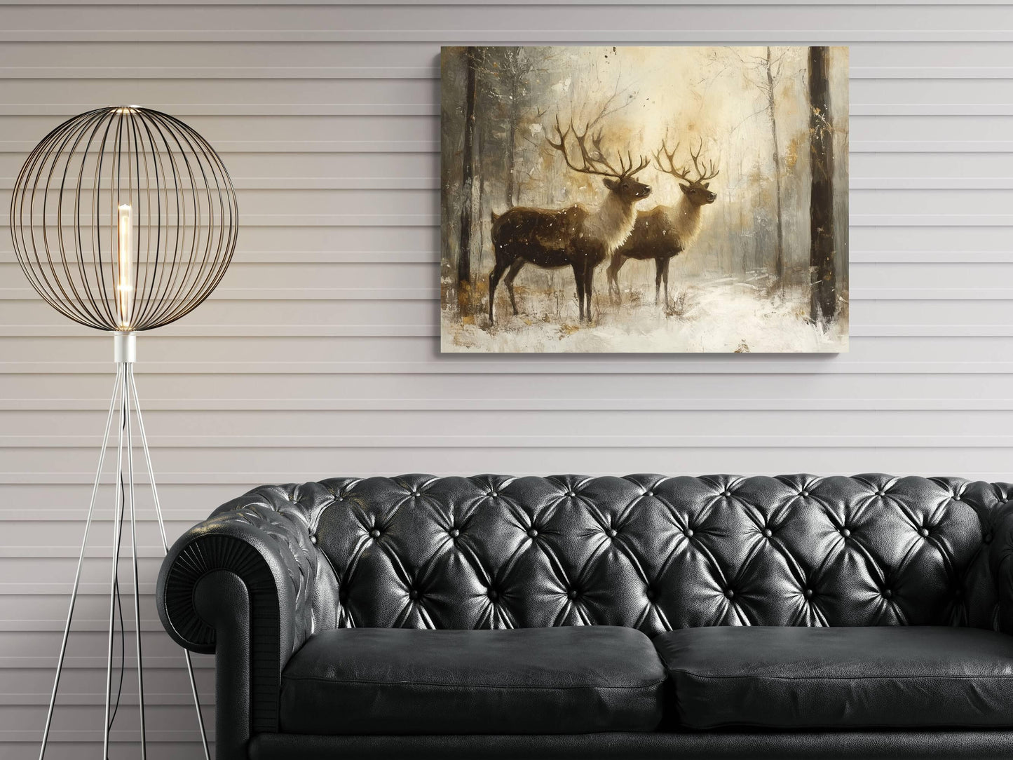Winter Reindeer Art Print | Rustic Woodland Animals Wall Decor | Snowy Forest Nature Painting | Farmhouse Home | Stag Antler Wildlife