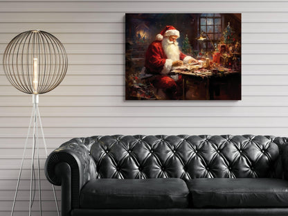 Vintage Santa Claus Canvas Print, Christmas Eve Planning Scene, Festive Workshop Art, Holiday Decor, Seasonal Wall Art, Gift for Christmas