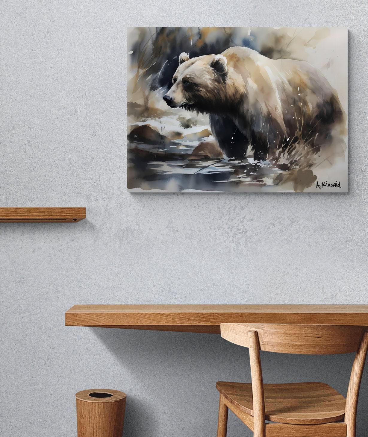 Grizzly Bear in Serene Stream | Brown Bear Watercolor Forest Series | Canvas Print | Wildlife Art | Cabin Art | Archer Kincaid
