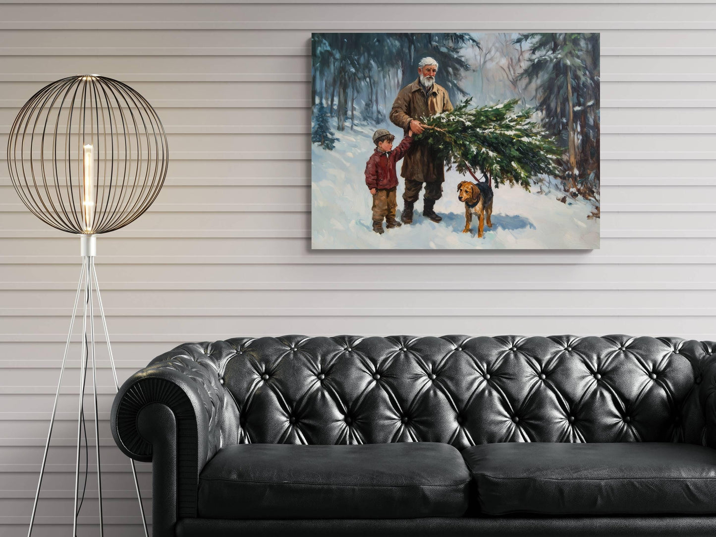 Christmas Tree Cutting Art Print | Grandfather Child Winter Forest | Holiday Tradition Wall Decor | Snowy Woods Family Scene | Xmas Tree