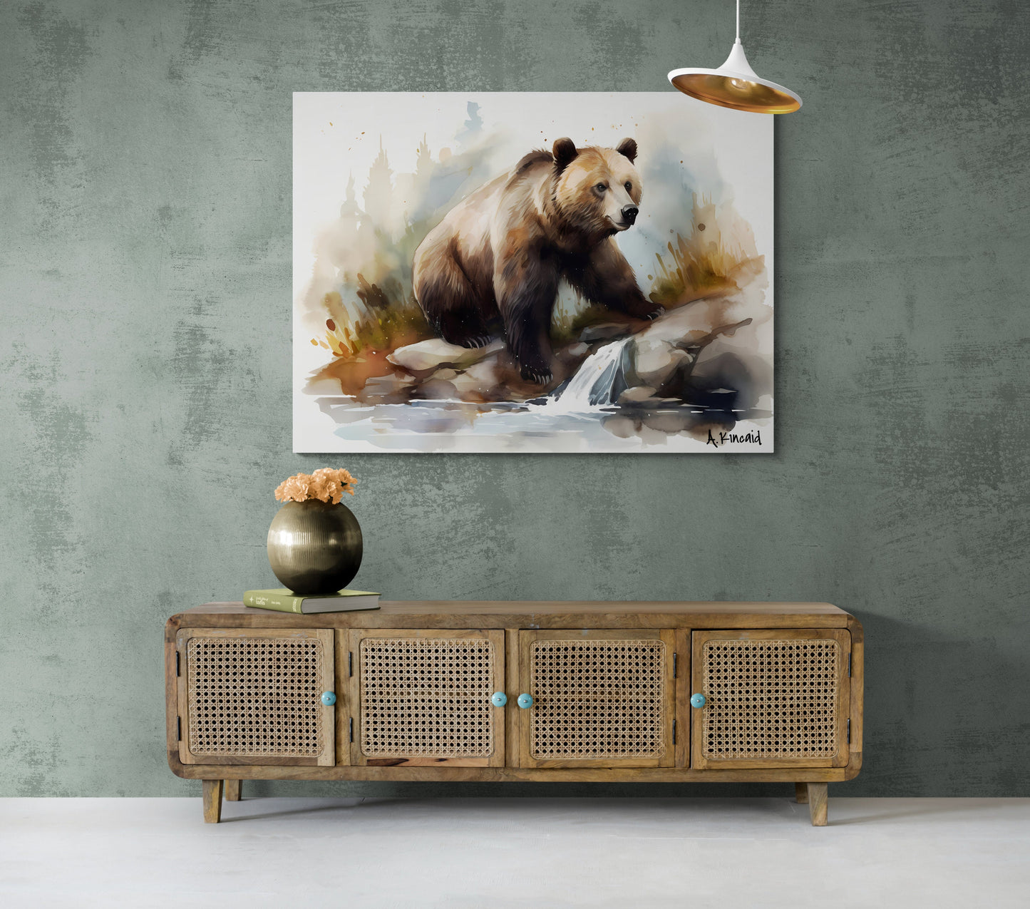 Grizzly Bear on River Bank | Brown Bear Watercolor Forest Series | Canvas Print | Wildlife Art | bear watercolor | Archer Kincaid