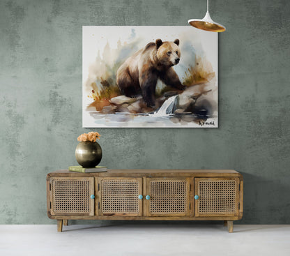 Grizzly Bear on River Bank | Brown Bear Watercolor Forest Series | Canvas Print | Wildlife Art | bear watercolor | Archer Kincaid