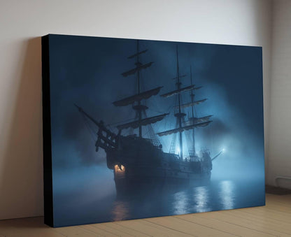 Pirate Ship in Fog Canvas Art, Blue Misty Nautical Print, Moody Maritime Wall Decor, Atmospheric Sailing Ship Painting