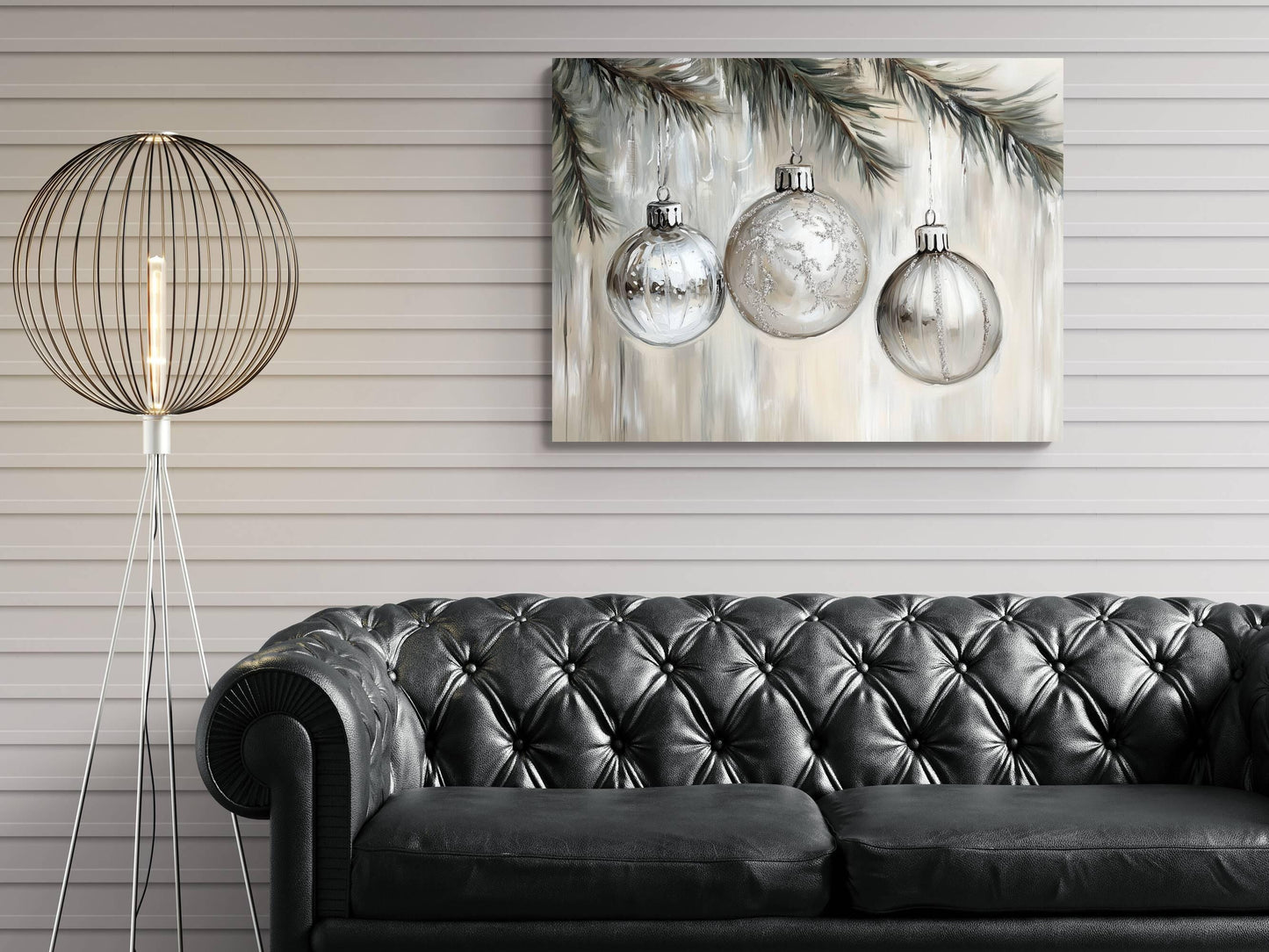 Silver Christmas Ornaments Print | Glass Baubles Evergreen Branch Art | Holiday Tree Decorations Wall Decor | Xmas Ornament Painting