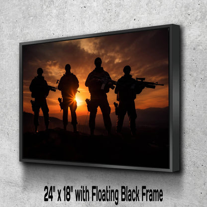 A group of soldiers standing in silhouette against a dramatic sunset sky, with the sun setting behind them.