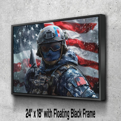 A soldier in a camouflage uniform and helmet stands in front of an American flag, holding a rifle.