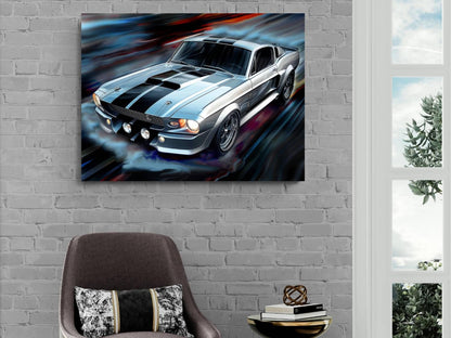 1967 Ford Mustang Shelby GT500 Silver | Classic Car Canvas Print | Vintage Auto Wall Art Decor | Retro Muscle Pony Car | Eleanor Mustang