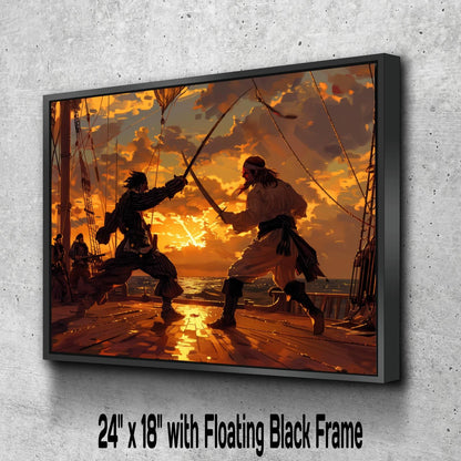 Pirate Sword Duel Canvas, Sunset Deck Battle Print, Swashbuckling Action Wall Decor, Golden Hour Maritime Combat Painting
