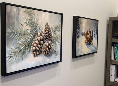 Winter Pine Cones Art Print | Snowy Evergreen Branch Wall Decor | Christmas Nature Painting | Rustic Botanical Art | Holiday Forest Scene