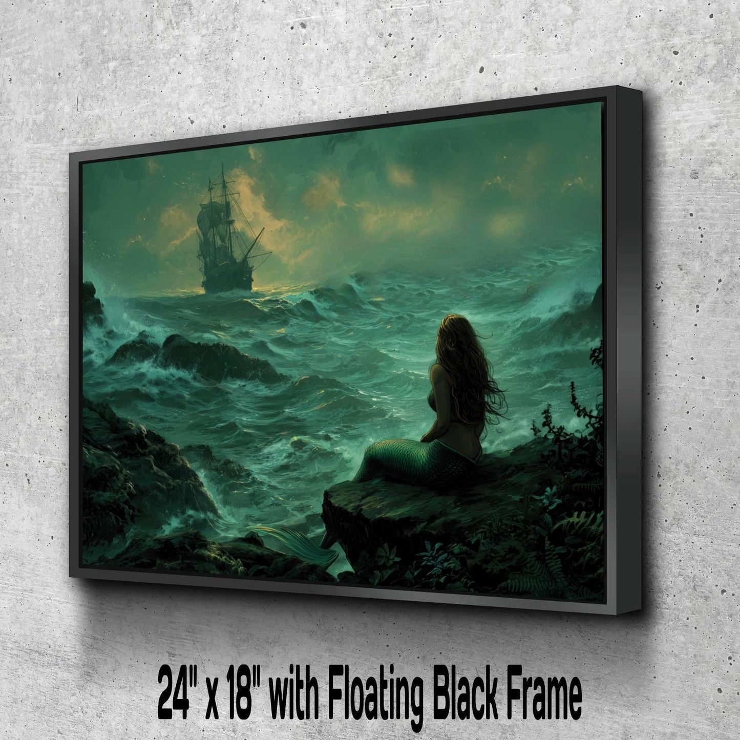 Mermaid Watching Pirate Ship Canvas, Stormy Ocean Print, Fantasy Nautical Wall Decor, Teal Seascape Painting, Maritime Artwork