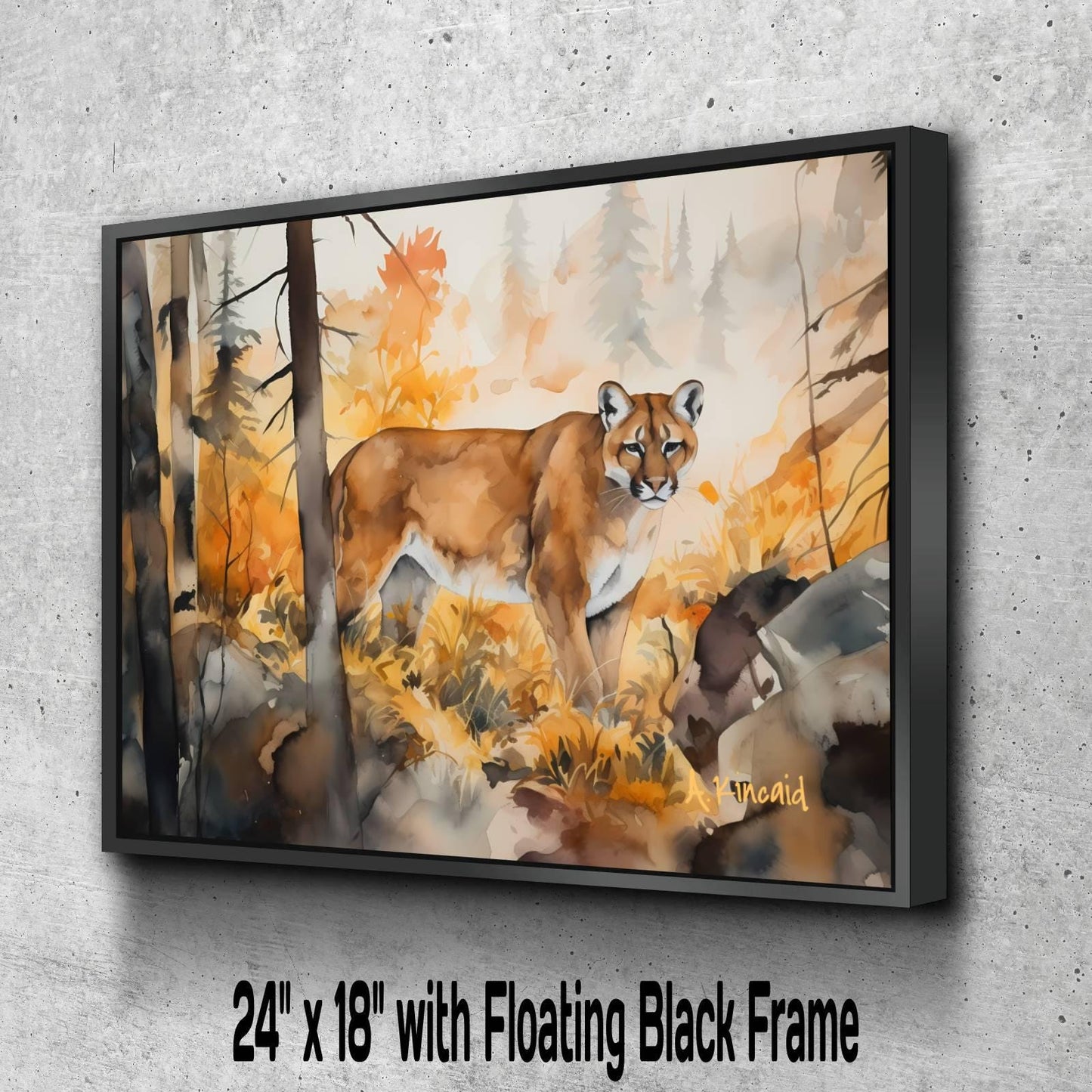 A painting of a cougar in a forest setting, with a floating black frame.