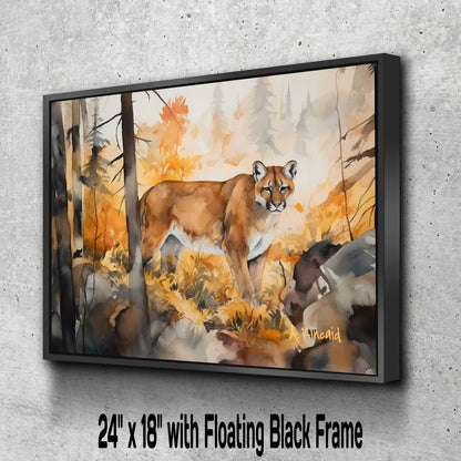 A painting of a cougar in a forest setting, with a floating black frame.