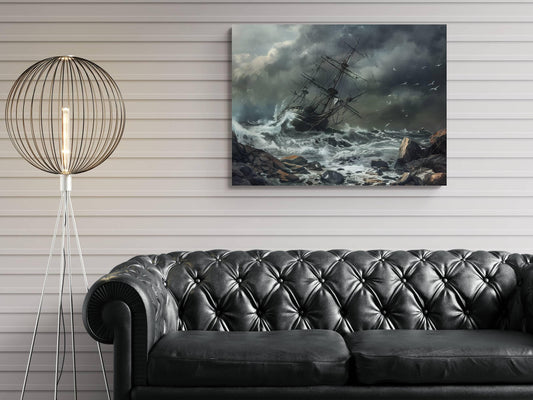 Shipwreck on Rocks Canvas, Storm Disaster Print, Pirate Vessel Crash Wall Decor, Dramatic Grey Seascape Painting, Maritime Tragedy