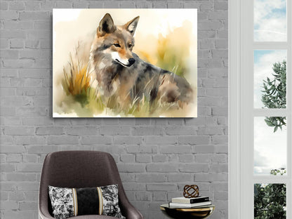 a painting of a wolf in a grassy field, hanging on a brick wall above a brown armchair.