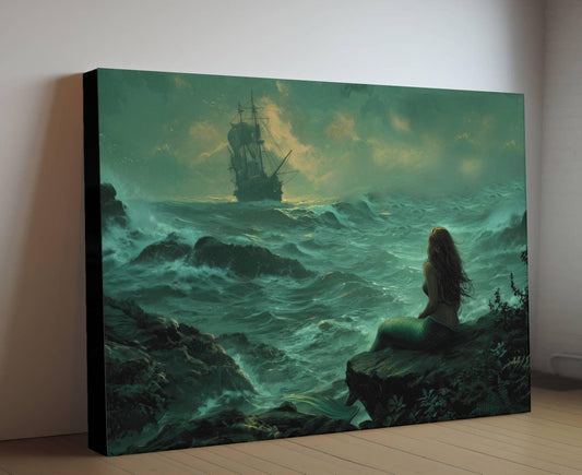 Mermaid Watching Pirate Ship Canvas, Stormy Ocean Print, Fantasy Nautical Wall Decor, Teal Seascape Painting, Maritime Artwork