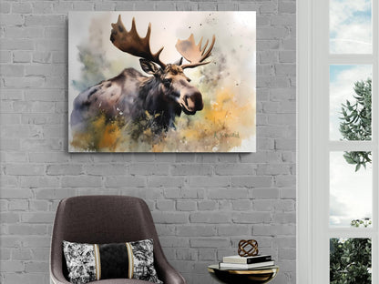 a large painting of a moose with large antlers hanging on a brick wall.