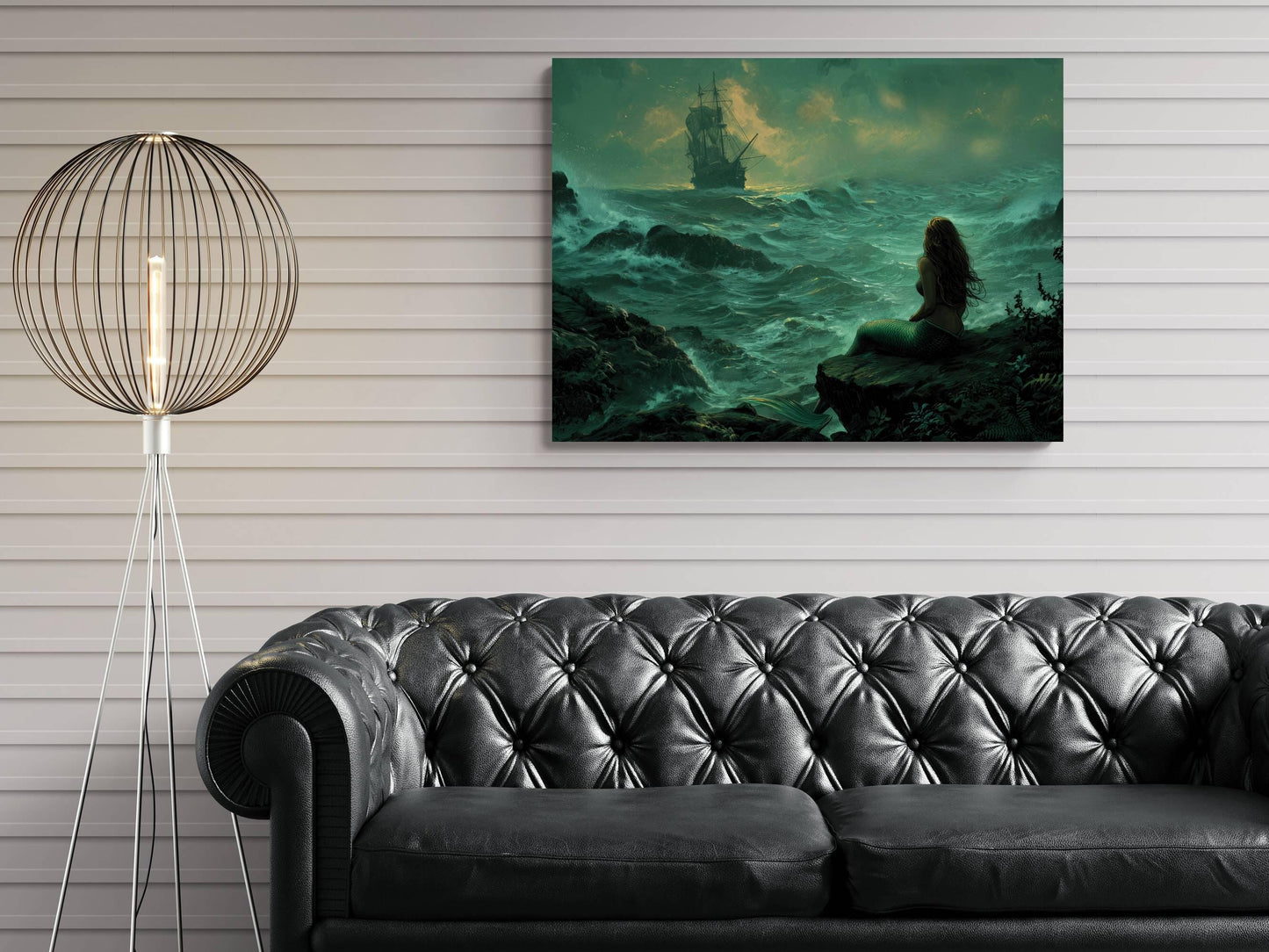 Mermaid Watching Pirate Ship Canvas, Stormy Ocean Print, Fantasy Nautical Wall Decor, Teal Seascape Painting, Maritime Artwork