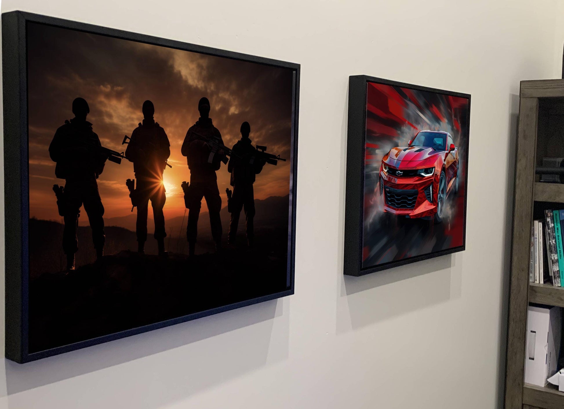 two framed pictures hanging on a wall. The left picture depicts a group of soldiers silhouetted against a sunset, while the right picture shows a red sports car with a blurred background.