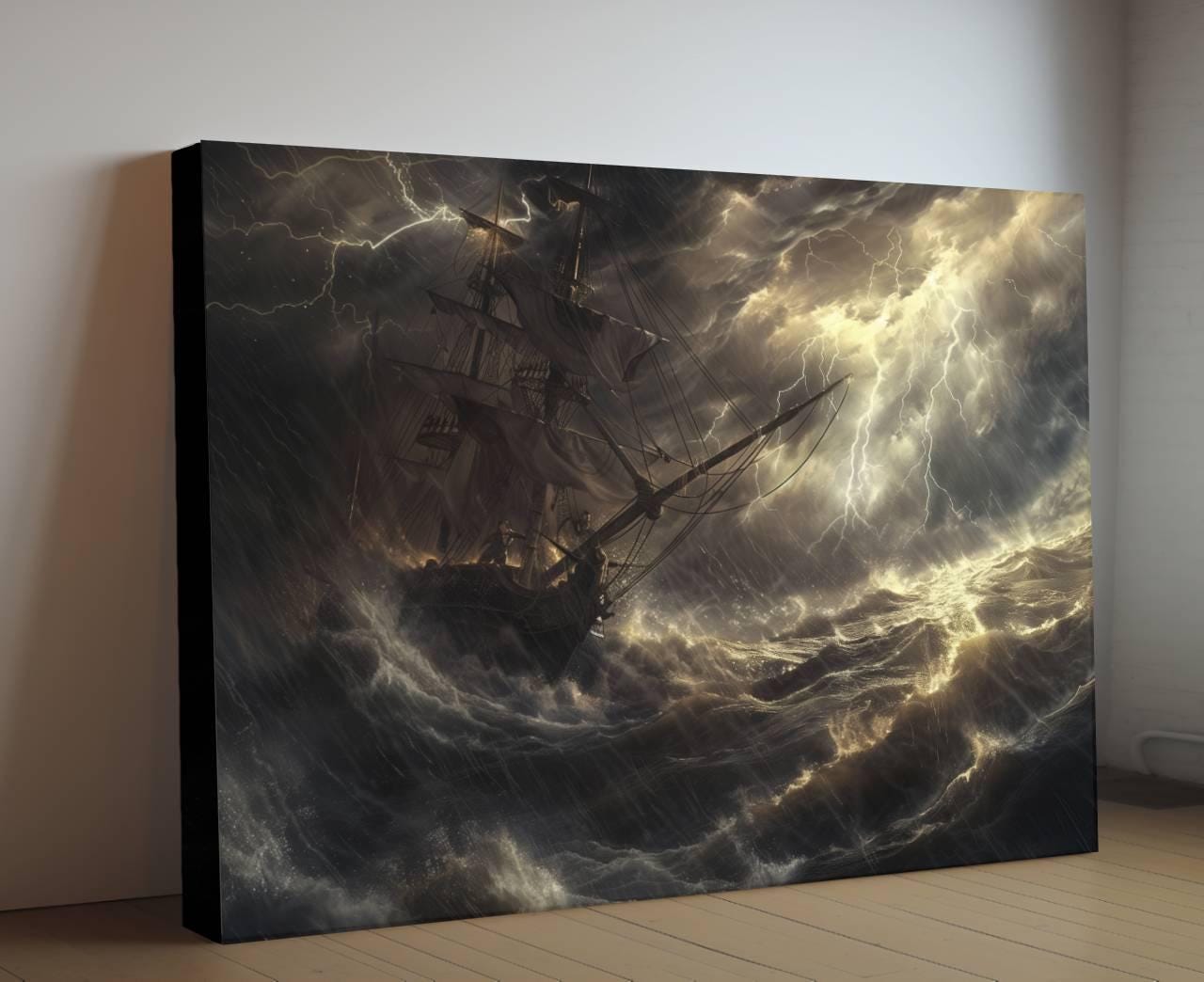 Pirate Ship Severe Storm Canvas, Lightning Tempest Print, Massive Waves Wall Decor, Dramatic Maritime Disaster Painting